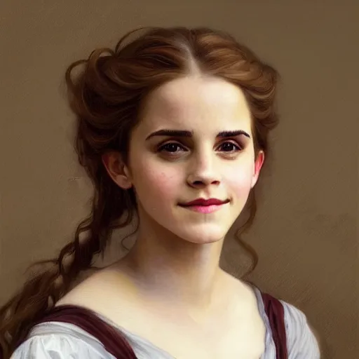 Image similar to Painting of Emma Watson as Hermione Granger. Smiling. Happy. Cheerful. Art by william adolphe bouguereau. Extremely detailed. Beautiful. 4K. Award winning.