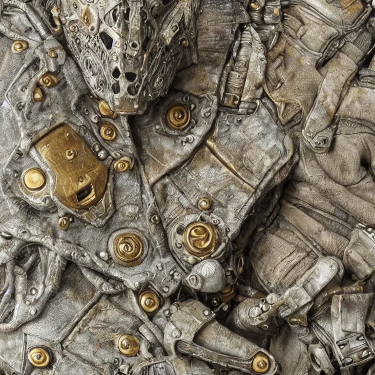 Image similar to photo taken of an epic intricate, ultra detailed, super realistic gritty, hero prop, exquisitely weathered armoured hazardsuit movie props, created by weta workshop, zoomed in shots, photorealistic, sharp focus, white wall, cold colour temperture, golden ratio