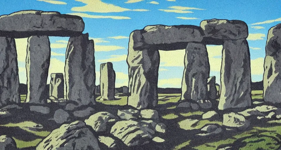 Image similar to stonehenge, highly detailed, dramatic lighting, intense shadows, rich deep colours, by roy lichtenstein