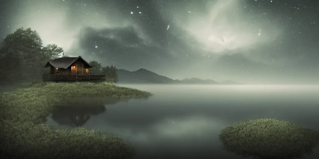 Image similar to a dark and moody lake with an island in the middle and a small hut with a soft glow coming from the windows, low fog, stars, midnight, fantasy, surreal, high detail