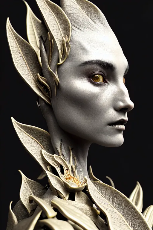 Image similar to bw close - up profile face, black background, beautiful young porcelain vegetal - dragon - cyborg - female, 1 5 0 mm, beautiful natural soft rim light, silver gold details, magnolia leaves and stems, roots, mandelbot fractal, elegant, ultra detailed, white metallic armour, octane render, h. r. giger style