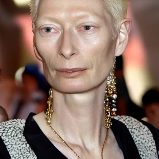 Image similar to tilda swinton at burning man, malti klarwein style