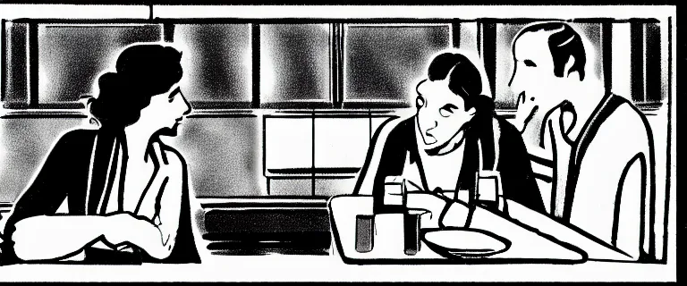 Image similar to man and woman talking quietly in a diner, over the shoulder shot, storyboard panel, eye level, black and white marker