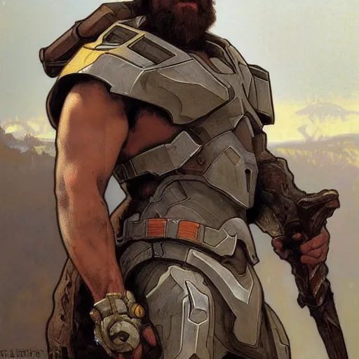 Prompt: portrait of rugged spartan, halo, handsome, fantasy, art by greg rutkowski and alphonse mucha