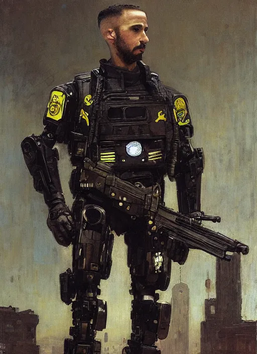 Image similar to Sgt Eliezer Grim. Menacing Cyberpunk policeman carrying machine pistols, wearing a combat vest and towering with robotic stilt legs. (dystopian, police state, Cyberpunk 2077, bladerunner 2049). Iranian orientalist portrait by john william waterhouse and Edwin Longsden Long and Theodore Ralli and Nasreddine Dinet, oil on canvas. Cinematic, vivid colors, hyper realism, realistic proportions, dramatic lighting, high detail 4k