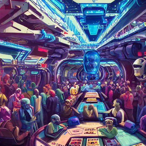 Image similar to crowded used future casino, robots humans and extraterrestrials, on a crowded space station, jim henson creature shop, 1 9 8 0 s science fiction, 1 9 7 0 s science fiction, alien 1 9 7 9, cyberpunk, 3 d oil painting, depth perception, 4 k, artstation