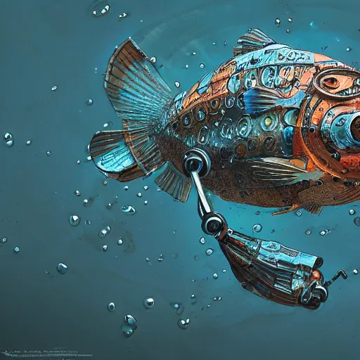 Image similar to robotic steampunk koi fish swimming in murky unfiltered pondwater, futuristic, pessimistic, artstation, ultra-detailed, 8k resolution, ultrarealistic