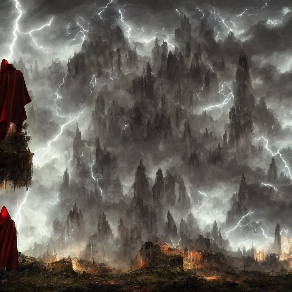 Image similar to a still of a cloaked figure standing in the ruins of crux prime, monastery, there is lightning, blue fiery maelstrom in the distance, it is raining, digital art, artstationhq