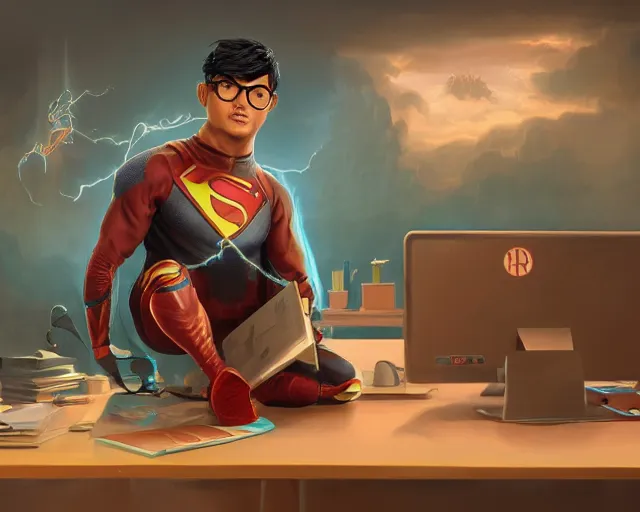 Image similar to an insanely detailed painting of a nerdy asian man wearing a superhero costume, sitting at a desk, staring at the nervously at the computer and typing, in the style of peter mohrbacher, dramatic lighting and composition, surreal background, octane render, pixar, trending on artstation, concept art, comic book, view from behind