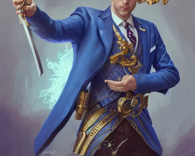 Prompt: photography of a blonde man in a blue suit with medals on it wielding a sword and pistol, deep focus, d & d, fantasy, intricate, elegant, highly detailed, digital painting, artstation, concept art, matte, sharp focus, illustration, hearthstone, art by artgerm and greg rutkowski and alphonse mucha