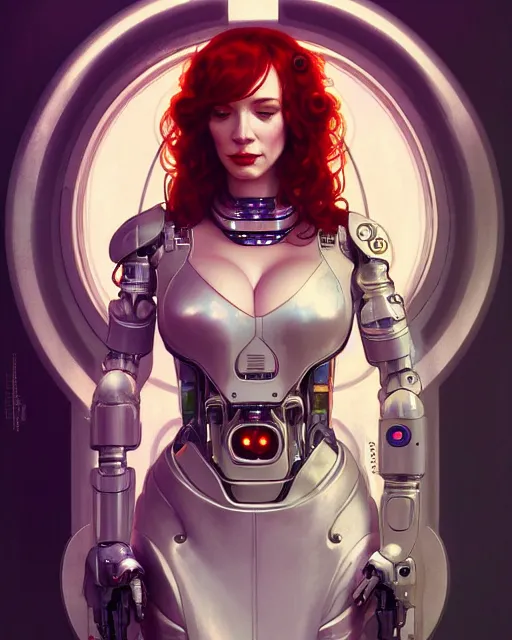 Prompt: portrait of christina hendricks as a robot, cyberpunk machine, machine face, robed, upper half portrait, decorated, intricate intense elegant highly detailed digital painting artstation concept art smooth sharp focus illustration, art by artgerm and greg rutkowski alphonse mucha 8 k