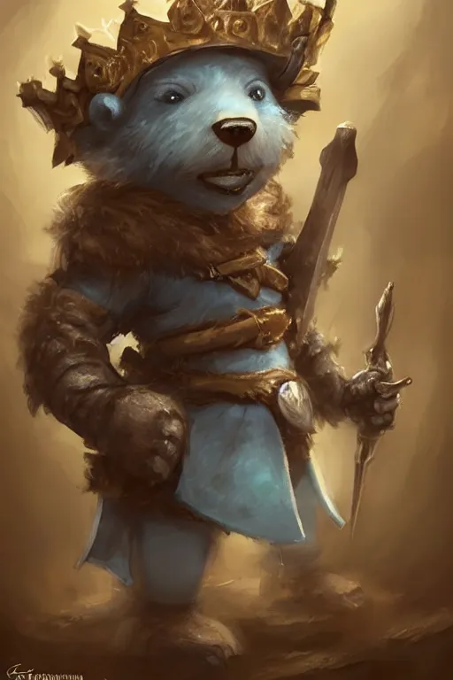 Image similar to cute little anthropomorphic bear knight wearing a cape and a crown, tiny, small, miniature bear, baby animal, short, pale blue armor, cute and adorable, pretty, beautiful, DnD character art portrait, matte fantasy painting, DeviantArt Artstation, by Jason Felix by Steve Argyle by Tyler Jacobson by Peter Mohrbacher, cinematic lighting