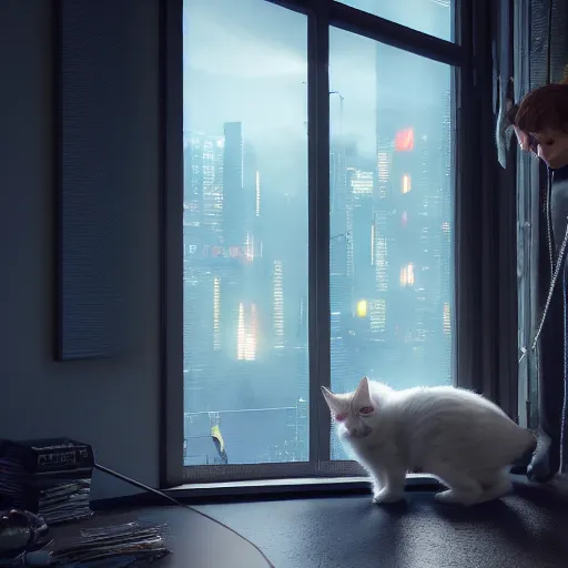 Prompt: Big european shorthair cat and small fluffy kitten, napes, in the apartment room looking to window in a cyberpunk city, soft god rays from city lights outside the window, unreal engine 5, soft neon atmosphere, photorealistic, soothing colors, somber melancholic matte painting, hyperrealism, hyperrealistic, cinematic masterpiece, cyberpunk style 8k ultrahd octane render