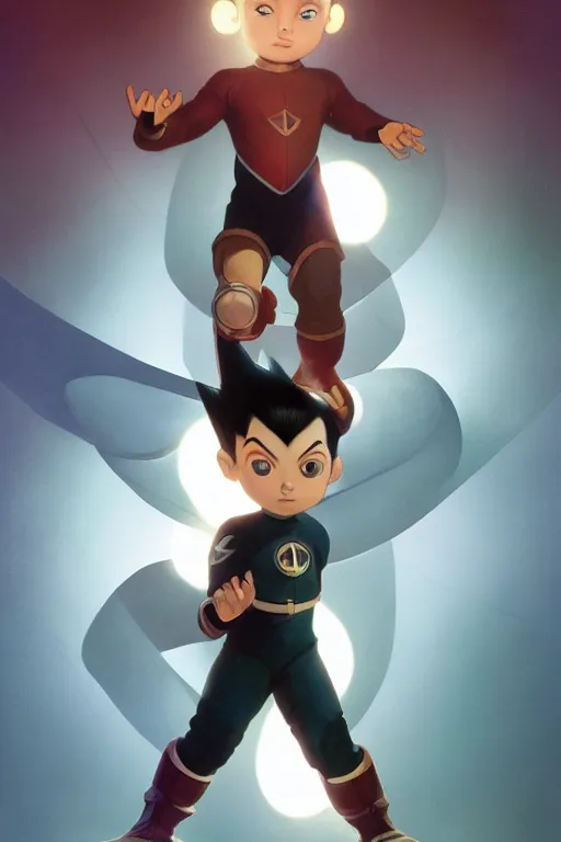 Image similar to portrait of Astroboy, centered full body pose, zenith angle, shadowy area, dramatic lighting, concept art, digital painting, Unreal Engine 5, 8K, art by artgerm and Greg Rutkowski and Alphonse Mucha