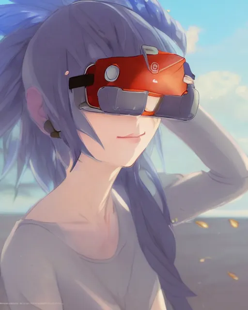 Image similar to a russian blue cat wearing a VR headset, !dream an attractive young female elf with long flowing auburn hair, standing on the beach on the ground front facing, looking at camera, blue water, anime. By Makoto Shinkai, Stanley Artgerm Lau, WLOP, Rossdraws, James Jean, Andrei Riabovitchev, Marc Simonetti, krenz cushart, Sakimichan, trending on ArtStation, digital art.