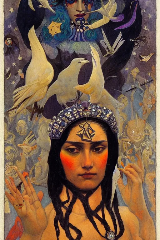 Image similar to punk queen of the crows with stars in her hair by Nicholas Roerich and Annie Swynnerton and Diego Rivera and jean delville and Carl Larsson, dramatic cinematic lighting , silver jewelry, ornate headdress, sacred artifacts, lost civilizations, smooth, sharp focus, extremely detailed