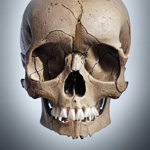 Prompt: a human skull made of alien parts. Photograph.