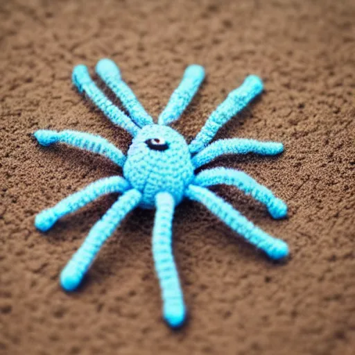 Prompt: super cute fluffy light blue color spider crochet doll standing on sand, hyperrealistic photograph, highly detailed, tactile, 8k, close up, macro