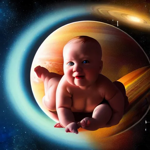 Image similar to giant baby floating among the planets in the solar system, oil on canvas, intricate, 8k highly professionally detailed, HDR, CGsociety