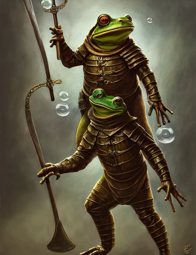 Prompt: anthropomorphic bipedal frog that is dressed as a medieval fighter, and holding a thick staff, as a matte oil painting and d & d character art, by alex grey, standing, fullbody, floating bubbles, mystic, fog, fractals, spirals, concept art, award - winning, extremely detailed, sharp focus