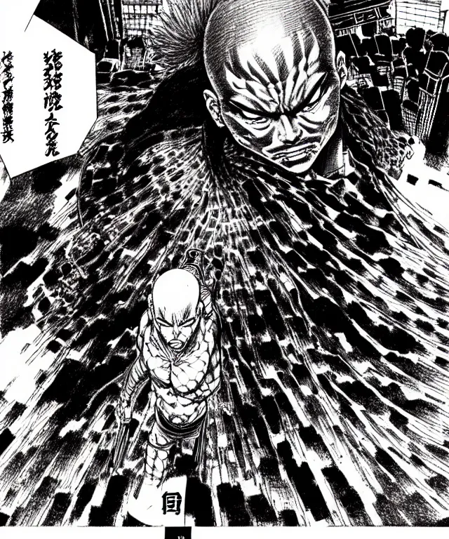 Prompt: A manga about a shaved-headed scarred yakuza. Sharp high quality manga, fine details, straight lines, solo, architecture in the background, masterpiece, highly detailed drawing by Yoshiaki Tabata, Tsutomu Nihei, Kentaro Miura