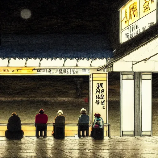 Prompt: a some people waiting in a lone bus stop in quiet dark city night in Spirited Away, high quality, high resolution,detailed