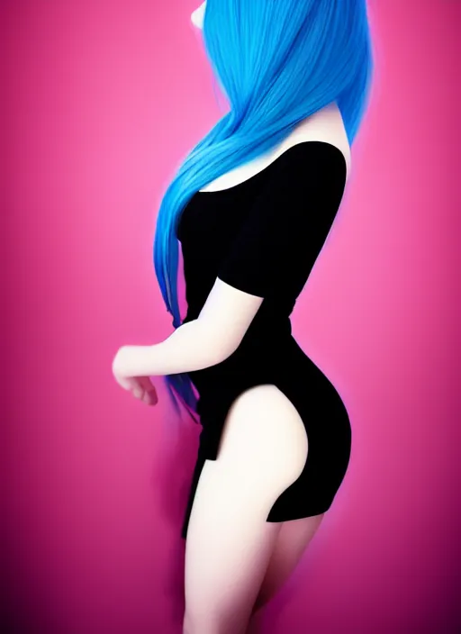 Image similar to hyper realistic photograph portrait of pretty girl with blue hair, wearing a little black dress, dramatic lighting by ilya kuvshinov