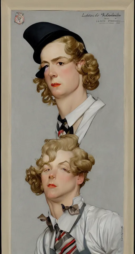 Image similar to Painting of lucius as a German tailor, long blond drill curls, delicate androgynous prince, pale milky white porcelain skin, by Leyendecker and Norman Rockwell