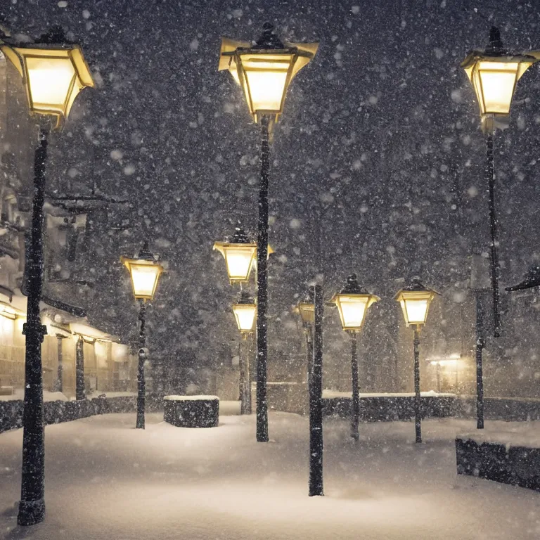 Image similar to snowy japanese courtyard illuminated by street lamps, high resolution photograph