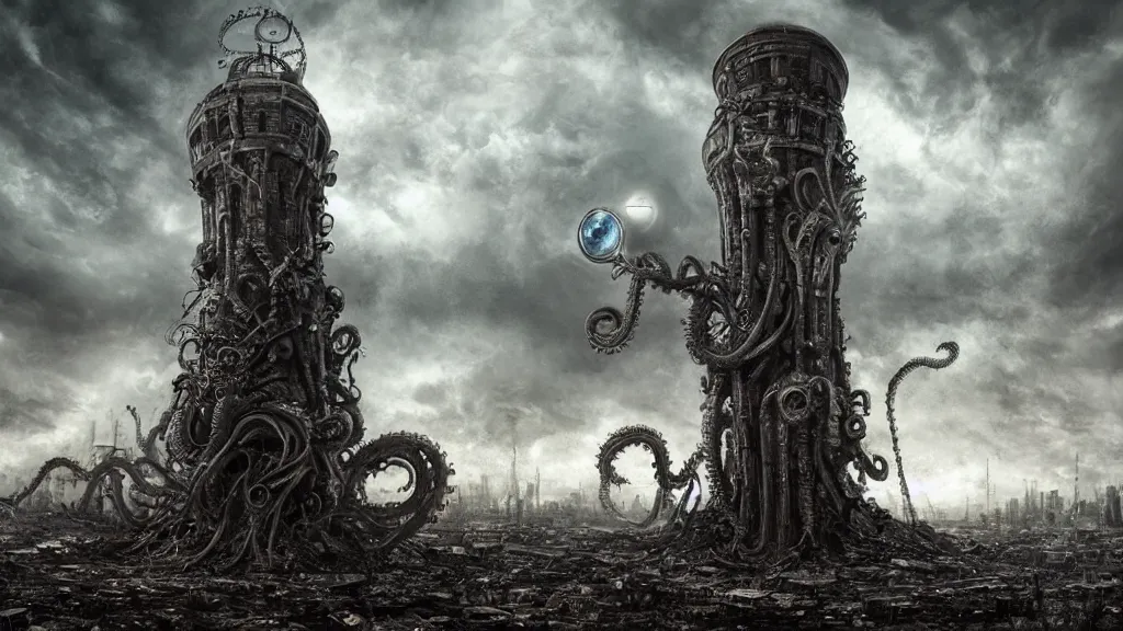 Image similar to A tower with an Eyeball at the top, BioMechanical like Giger, with tentacles coming out, looking over a stormy post-apocalyptic wasteland, dystopian art, wide lens