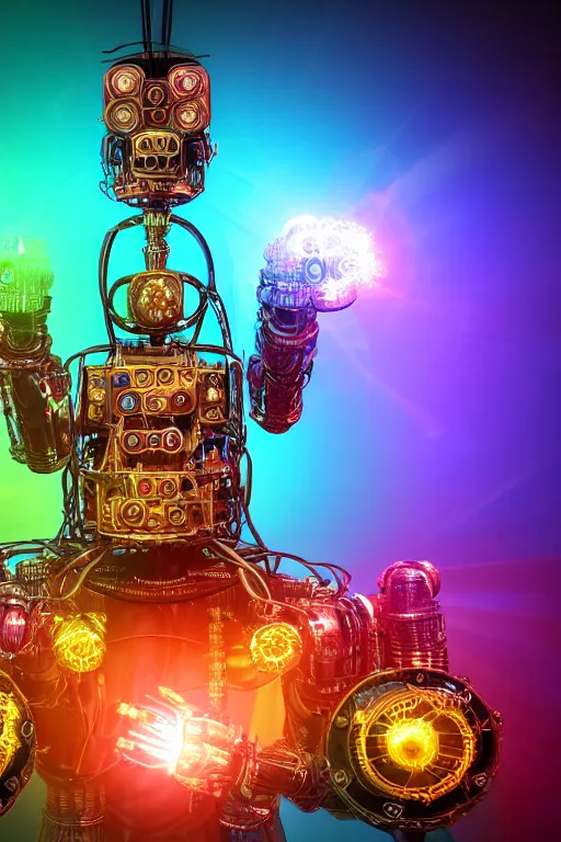 Image similar to portrait photo of a giant huge golden and blue metal steampunk robot covered with multicolored guitars and gears and tubes, eyes are glowing red lightbulbs, shiny crisp finish, 3 d render, 8 k, insaneley detailed, fluorescent colors, background is multicolored lasershow