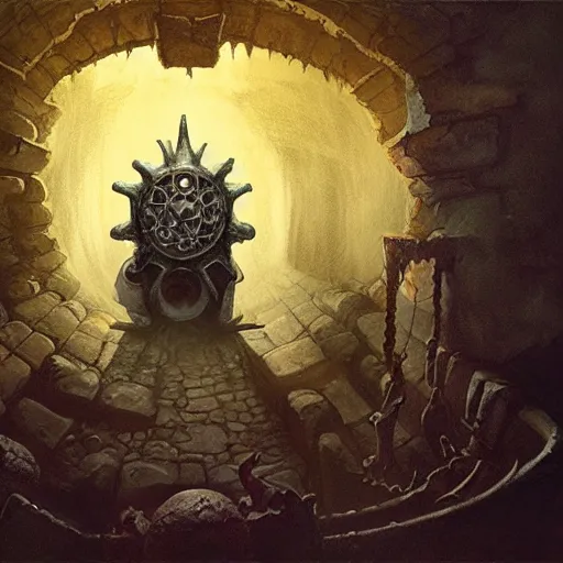 Image similar to beholder in a dungeon, d & d, fantasy, greg rutkowski, frank frazetta, alexandre chaudret, boris vallejo, michael whelan, miro petrov, hr giger, magali villeneuve, donato giancola