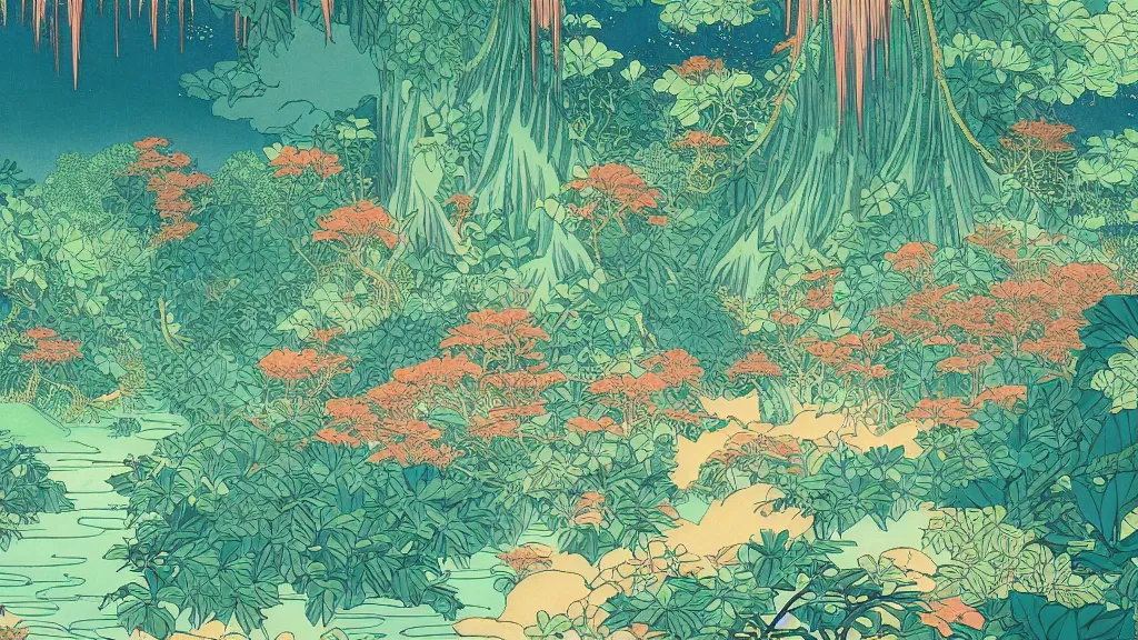 Image similar to a glowing magical jungle in the style of hokusai, firefly, fantasy, nature, pastel, digital art.