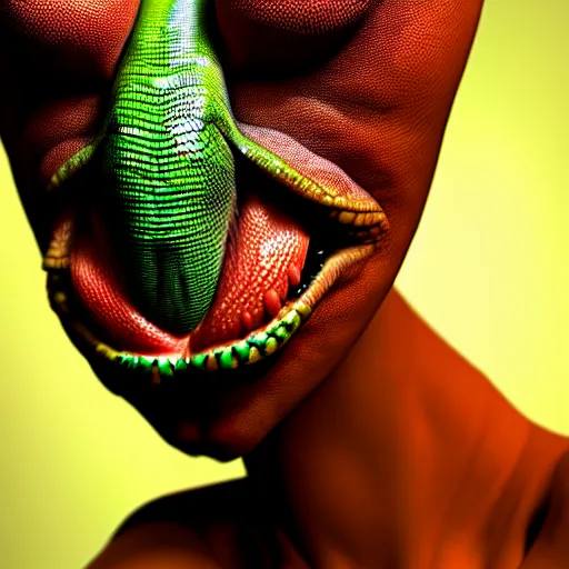 Prompt: beautiful humanized lizard - girl, full growth, studio shot in style, professional photographer, many details, super realistic, high quality, 8 k