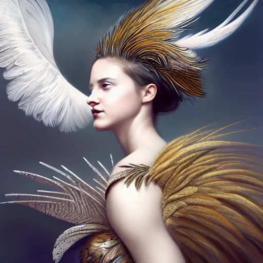 Prompt: portrait of a girl transforming into a feathered bird, covered in feathers, wings spread, taking flight, surreal, fantasy, intricate, elegant, dramatic lighting, emotional, symbolic metaphor, highly detailed, lifelike, photorealistic, digital painting, artstation, concept art, smooth, sharp focus, illustration, art by John Collier and Krenz Cushart and Artem Demura and Alphonse Mucha and Albert Aublet