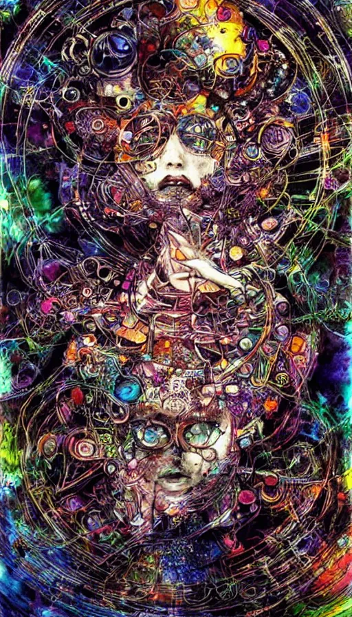 Prompt: Psytrance Artwork, by Yoshitaka Amano,