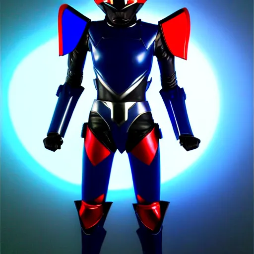 Prompt: Hard Science Fiction Kamen Rider, dark blue armor with red secondary color glowing eyes, daytime, grey rubber undersuit