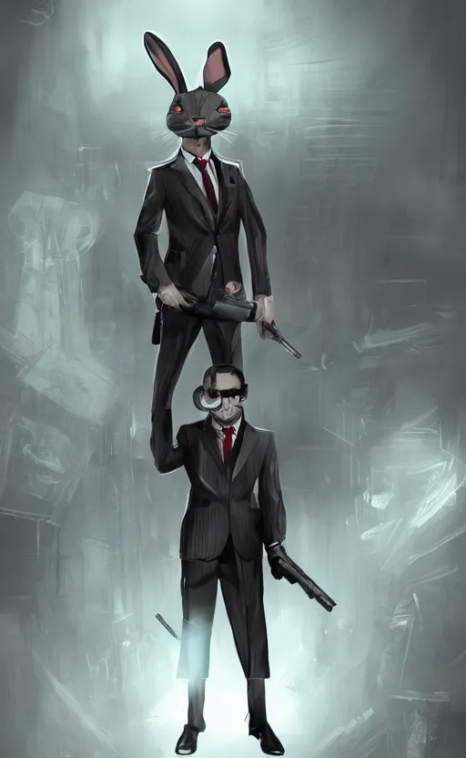 Image similar to rabbit as a hitman, suit and tie, with silenced gun, dynamic lighting, fantasy concept art, trending on art station, stunning visuals, creative, cinematic, ultra detailed, comic strip style