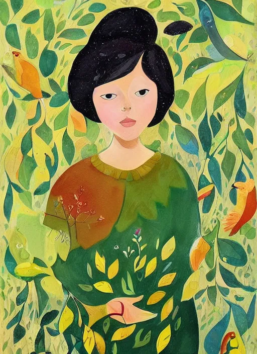 Prompt: a wonderful childrens illustration book portrait painting of a woman, art by tracie grimwood, trees, many leaves, birds, whimsical, aesthetically pleasing and harmonious natural colors
