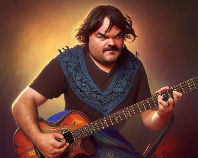 Image similar to photography of jack black with a guitar singing 8 k, deep focus, d & d, fantasy, intricate, elegant, highly detailed, digital painting, artstation, concept art, matte, sharp focus, illustration, hearthstone, art by artgerm and greg rutkowski and alphonse mucha