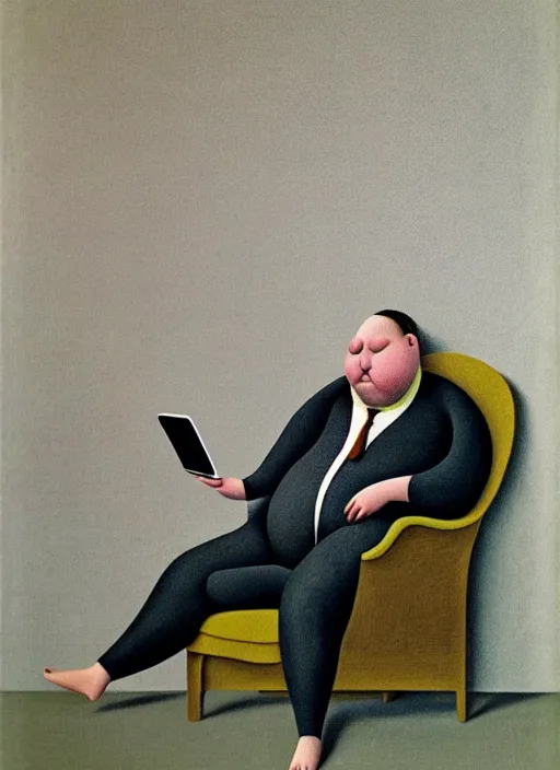 Prompt: fat man sitting on chair looking at his smartphone, sweat, fat, frustrated, art by gertrude abercrombie
