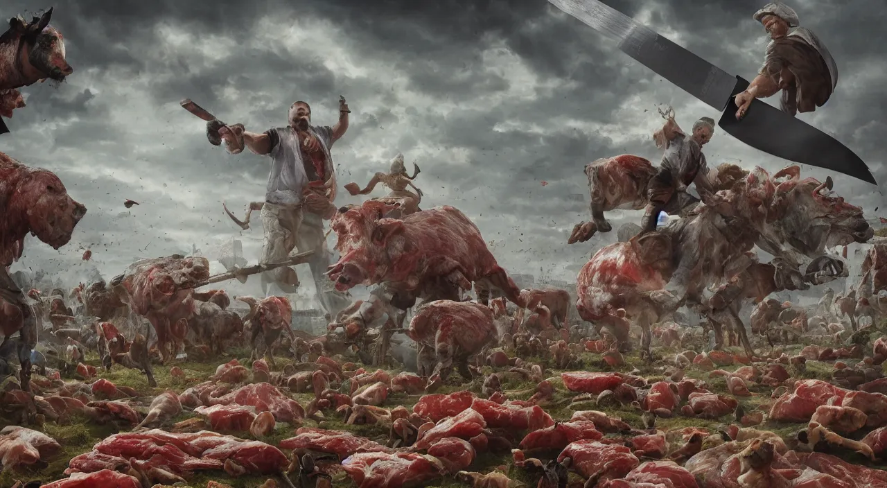 Image similar to a giant butcher holding a meat cleaver invading a huge animal farm, large scale, breathtaking, mixed media, digital art, trending on artstation, 8k, epic composition, highly detailed, AAA graphics