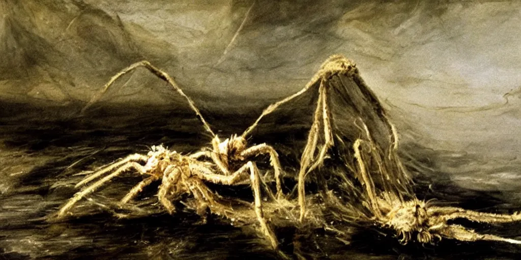 Image similar to hyperrealism Baptism on the river, monster spider in style of Goya