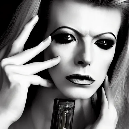 Image similar to a fashion photo portrait of a young david bowie, full makup, smokey eye, medium shot. In the style of Helmut newton, robert maplethorpe, Stefano Brunesci, Lachlan Bailey, Herb Ritts, Ellen Von Unwerth, Haris Nukem, Sardax, Annie Leibovitz. detailed photo, hd, 4k, trending on artstation, 35mm, f1.8