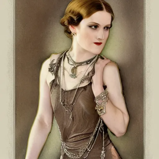 Prompt: full figure ultra realistic illustration, evan rachel wood wearing a 1 9 2 0 s flapper dress, 1 9 2 0 s hair, 1 9 2 0 s brooklyn, intricate, elegant, highly detailed, digital painting, artstation, concept art, smooth, sharp focus, illustration, art by artgerm and greg rutkowski and alphonse mucha