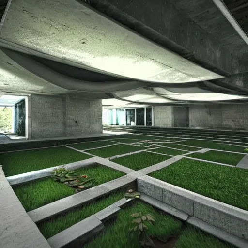 Image similar to screenshot of game on unreal engine 5, in a liminal underground garden, photorealistic, retrofuturism, brutalism, staggered terraces, minimalist, soft vintage glow