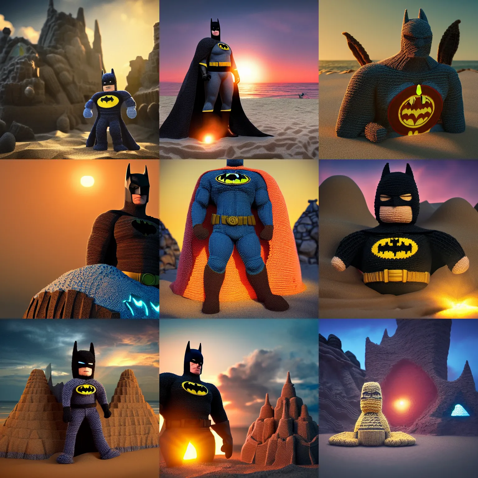 Prompt: a large knitted batman guarding his batcave sandcastle during sunset at the beach Trending on artstation, featured on Behance, well-rendered, Unreal Engine, 4K HD