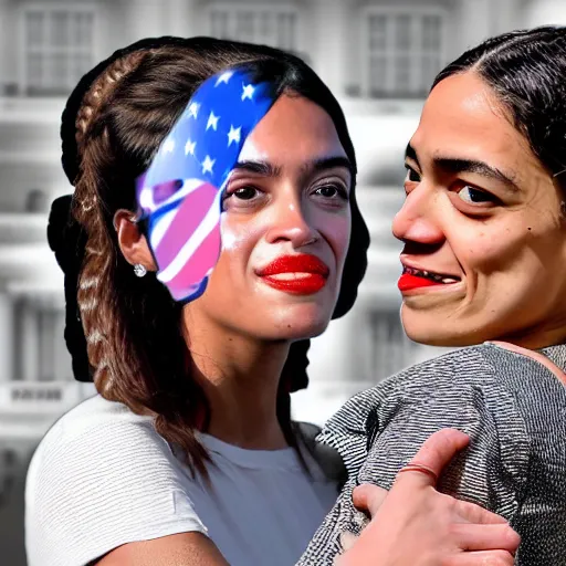 Prompt: lady liberty making out with alexandria ocasio - cortez, very realistic, hyper real, photojournalism