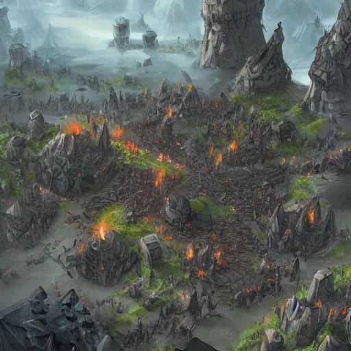 Image similar to attack to the goblin encampment, aerial view, fantasy, concept art, ambient occlusion