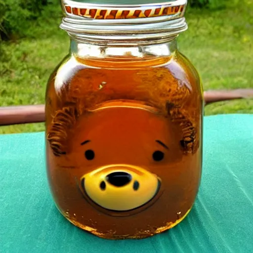 Image similar to a jar - sized winnie the pooh head = a jar of honey, surreal, realism